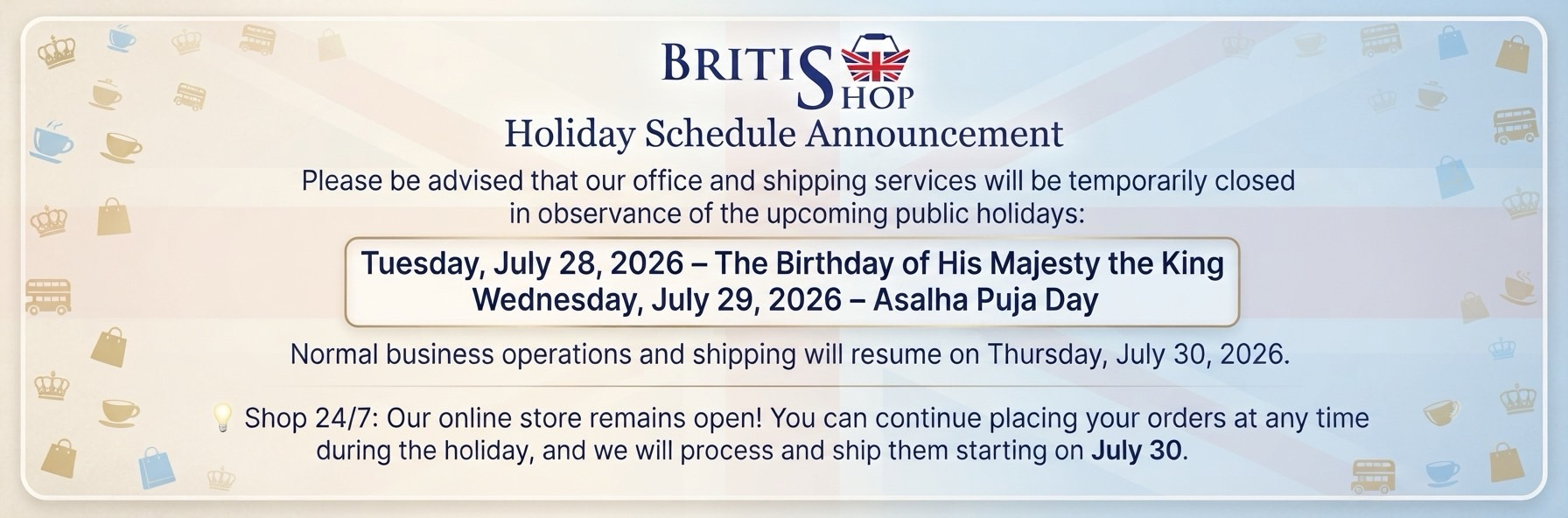 Holiday schedule announcement